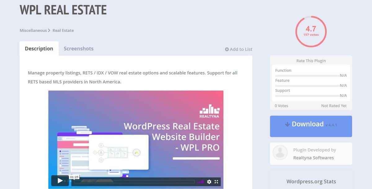 Página de descarga del complemento WPL Real Estate WordPress