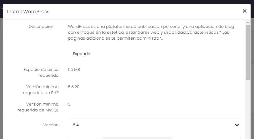 Pantalla de instalaci&oacute;n de WordPress