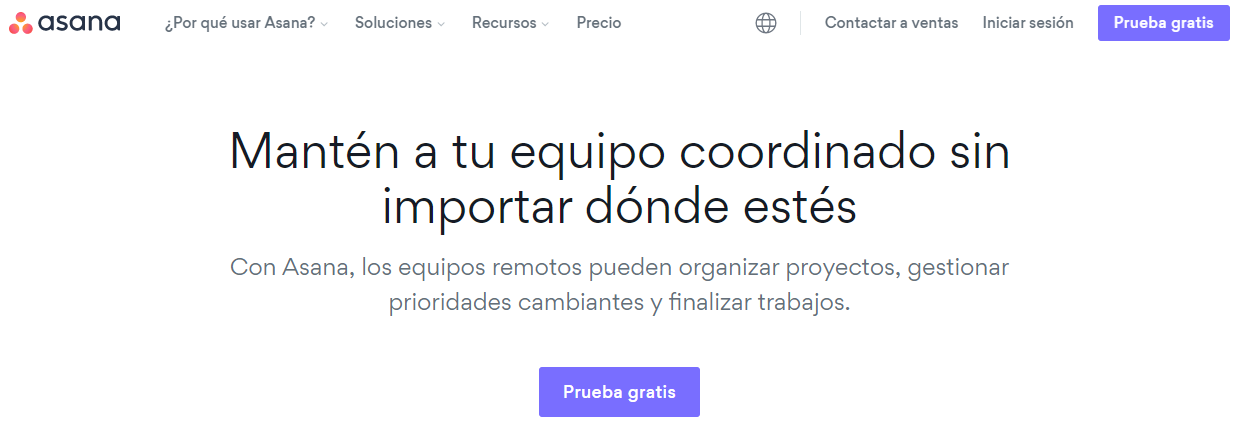 La página de inicio de Asana