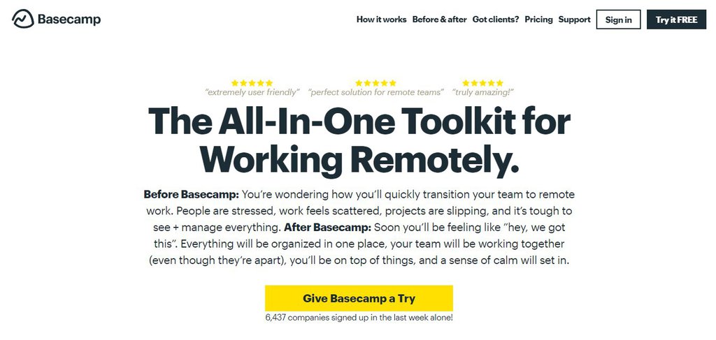 La página de inicio de Basecamp