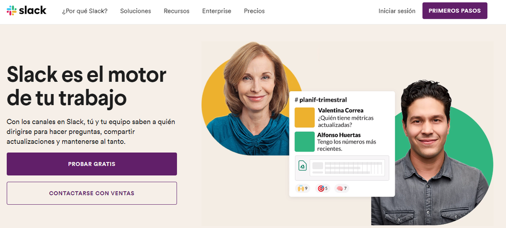La página de inicio del sitio web de Slack