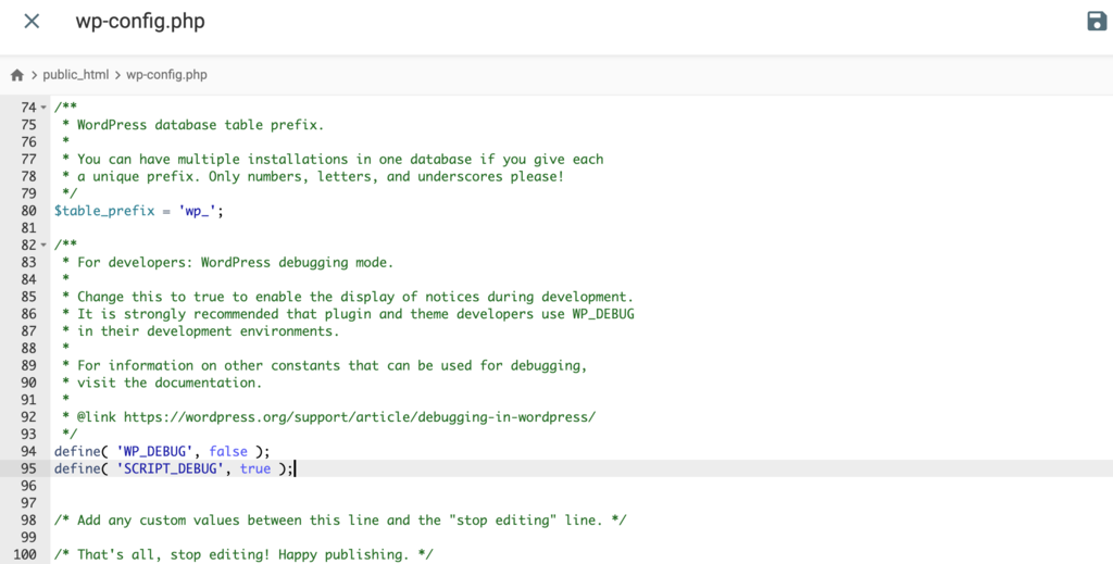 El contenido del archivo wp-config.php. Se añade el código de depuración de secuencias de comandos