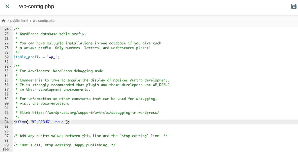 El archivo wp-config.php. Se añade código para depurar WP