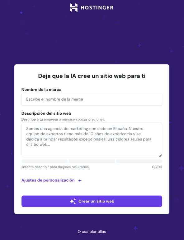 Asistente de configuraci&oacute;n con IA de Hostinger