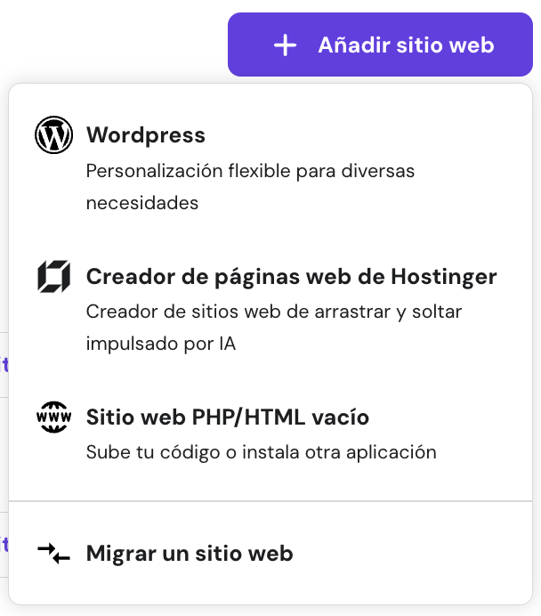 Secci&oacute;n para elegir tipo de sitio web en hPanel