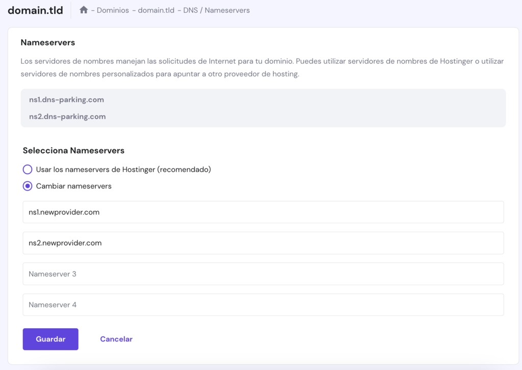 La secci&oacute;n DNS/Nameservers en hPanel. Se muestran los nuevos valores de los servidores de nombres