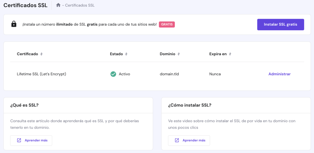 La p&aacute;gina SSL en hPanel