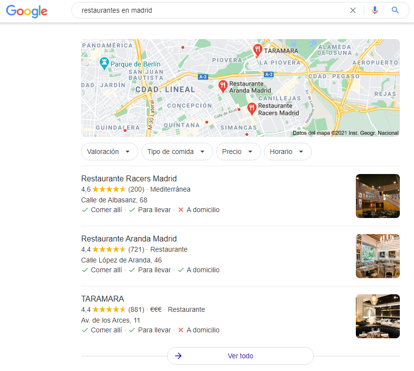 Captura de pantalla mostrando mapa de SEO local en Google