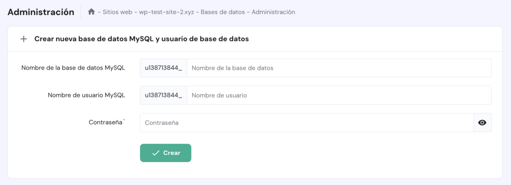 Secci&oacute;n para Crear una nueva base de datos MySQL