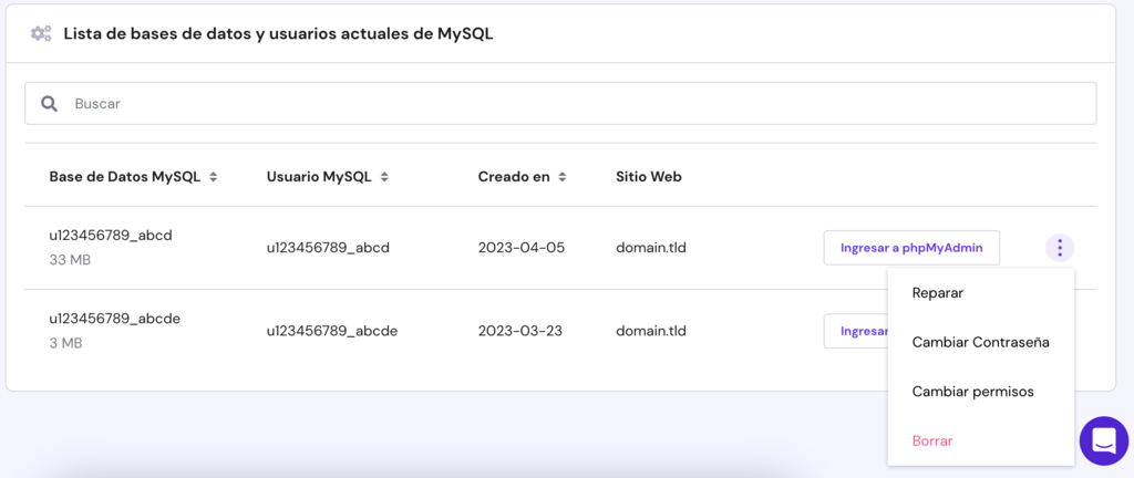 La p&aacute;gina de gesti&oacute;n de Bases de Datos en hPanel. Se muestran todas las opciones