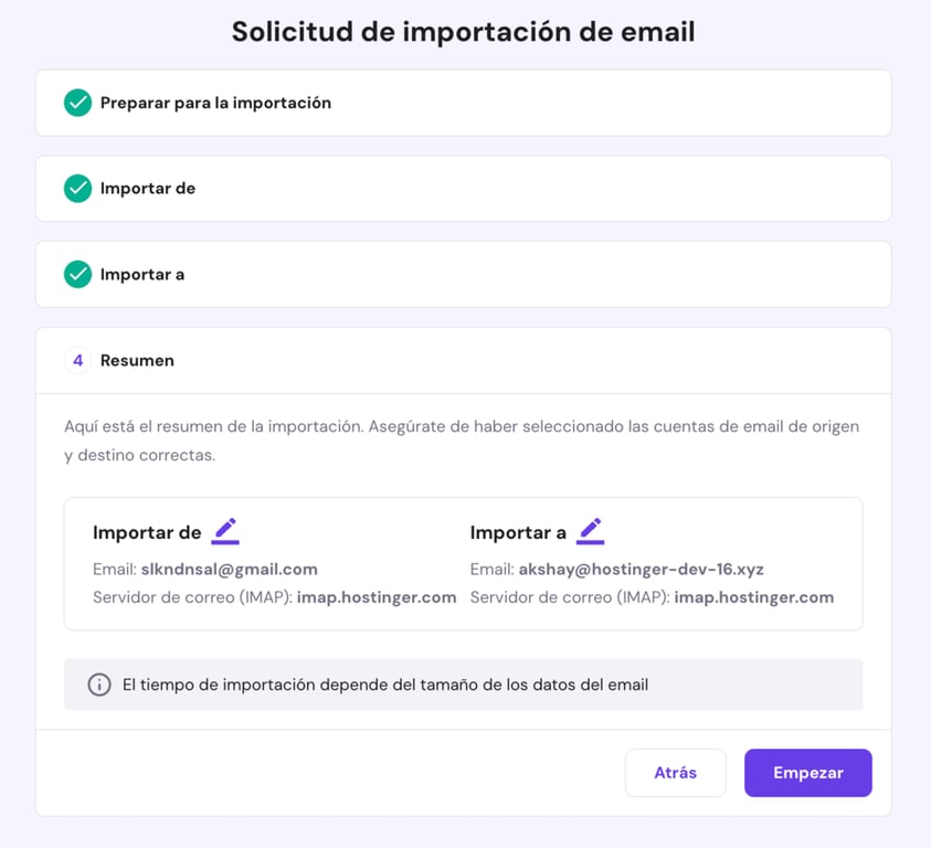 Solicitud para importar email en hPanel