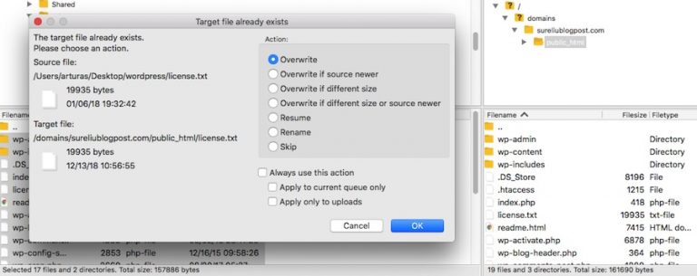 WordPress sobrescribe los archivos existentes a trav&eacute;s de FTP