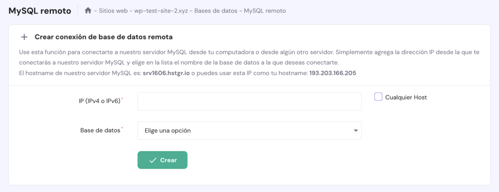 Secci&oacute;n de MySQL remoto en hPanel