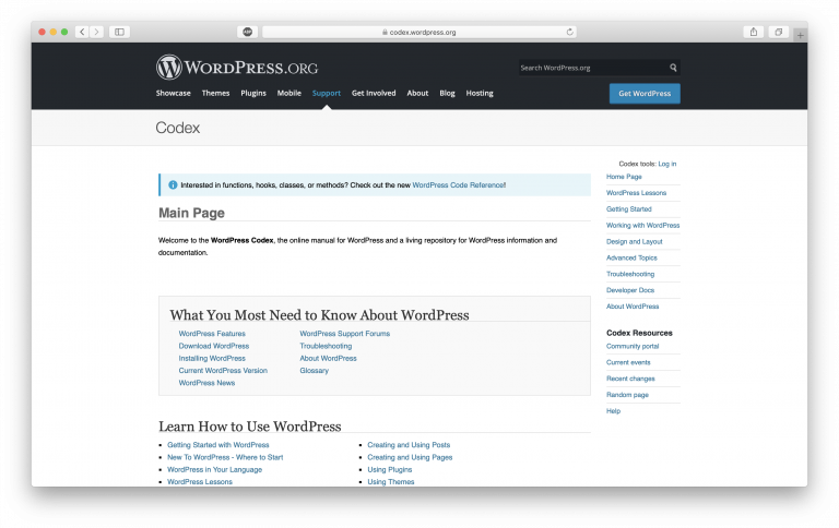 P&aacute;gina de inicio del sitio WordPress.org Codex
