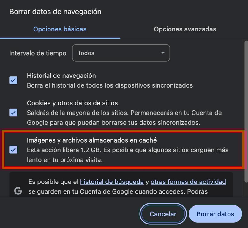 Borrar datos de navegación en Chrome