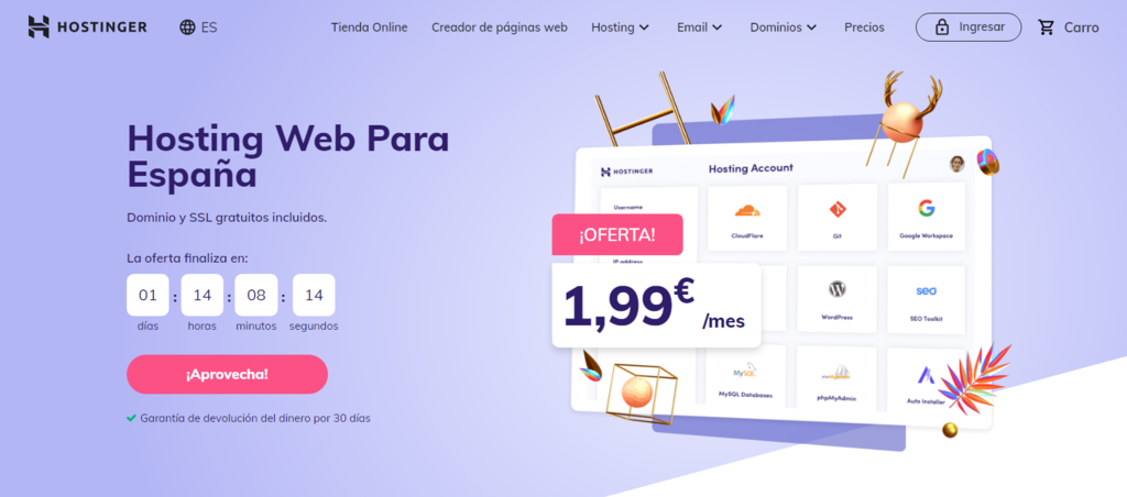 P&aacute;gina de inicio de Hostinger