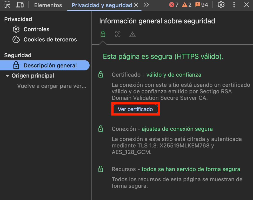 Ver certificado de seguridad en Google Chrome