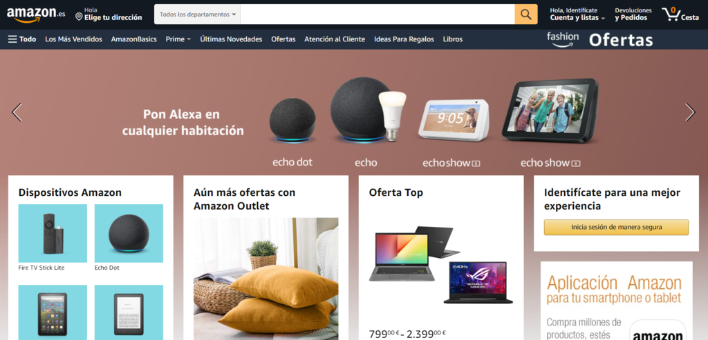 P&aacute;gina de inicio de Amazon eCommerce