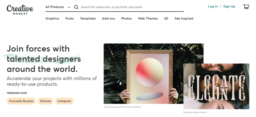 P&aacute;gina de inicio de Creative Market, un marketplace para peque&ntilde;os negocios de creadores