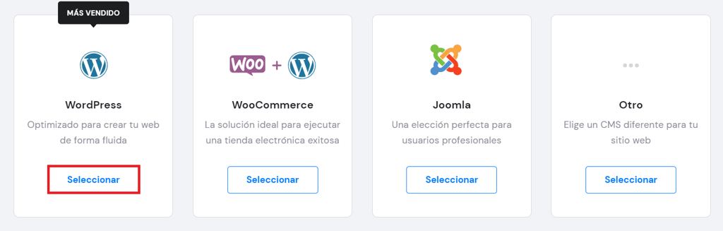 Seleccionar WordPress en el hPanel de Hostinger