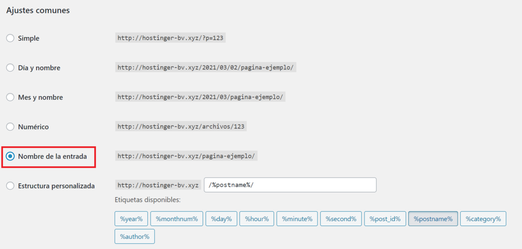 Marcar Nombre de la entrada en Ajustes de enlaces permanentes en WordPress