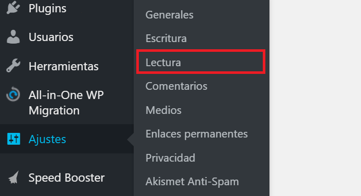 Secci&oacute;n Lectura en Ajustes del panel de WordPress