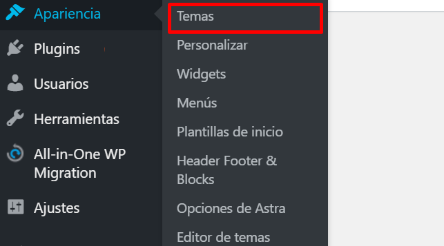 Sección Temas en Apariencia en el panel de WordPress