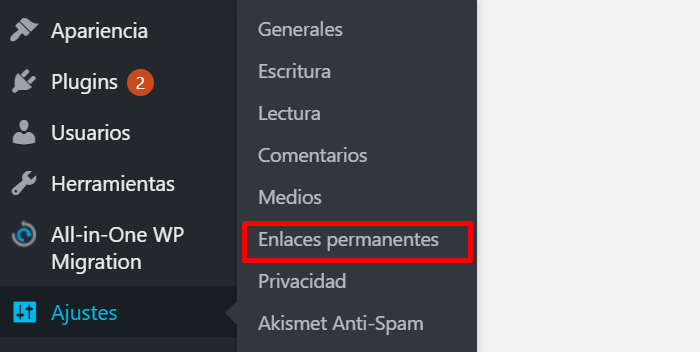 Enlaces permanentes en la secci&oacute;n Ajustes de WordPress