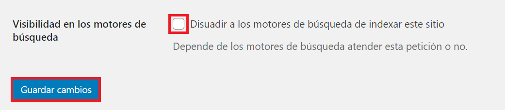 Visibilidad en los motores de b&uacute;squeda desmarcado en WordPress
