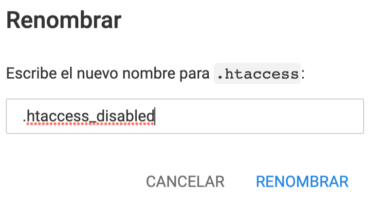 La ventana de cambio de nombre del archivo .htaccess en el gestor de archivos Hostinger
