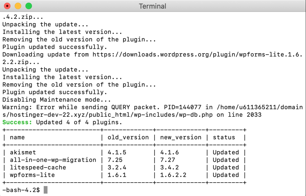 Actualizaci&oacute;n de WordPress finalizada en la terminal