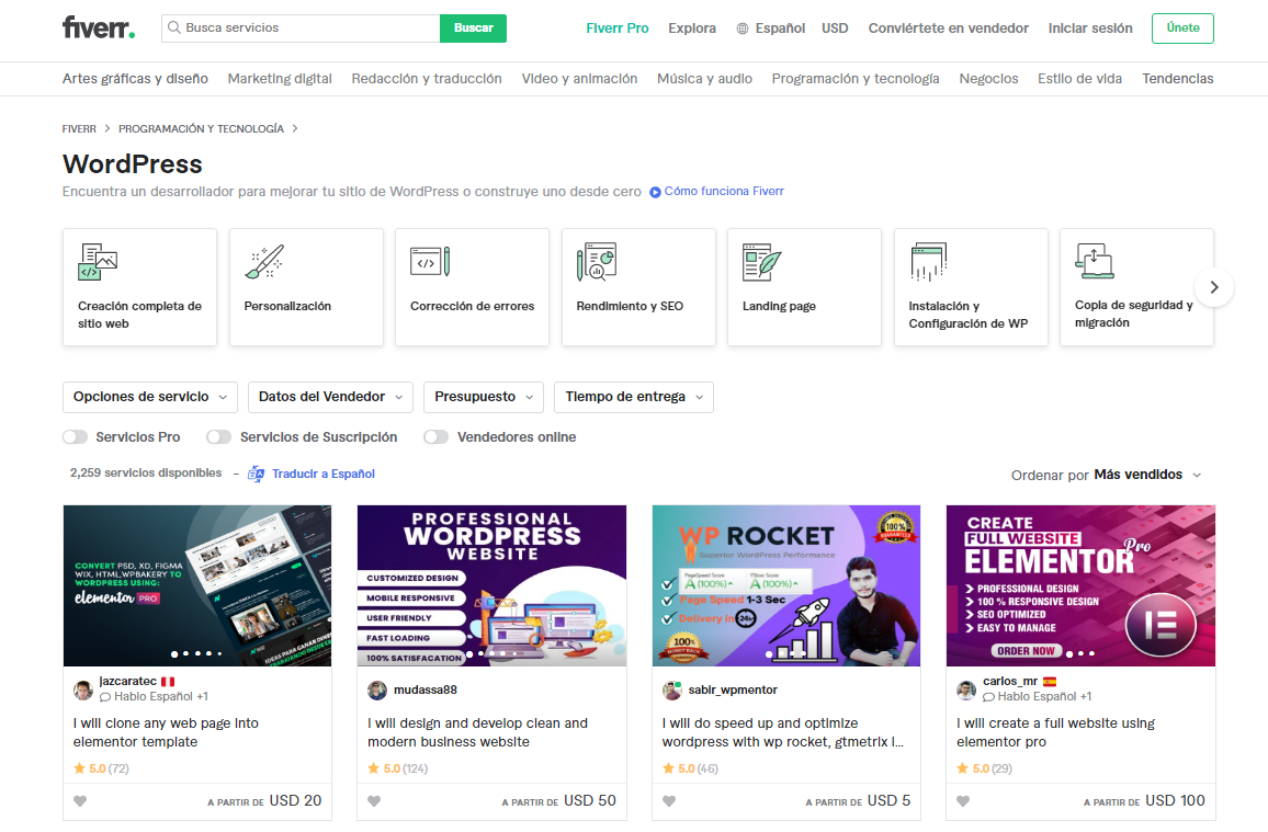 Secci&oacute;n Programaci&oacute;n y tecnolog&iacute;a en Fiverr.