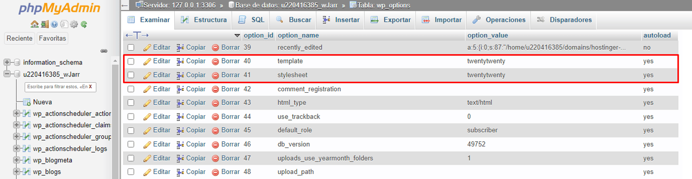 La tabla wp_options de la base de datos de WordPress. Las filas de hojas de estilo y plantillas est&aacute;n resaltadas