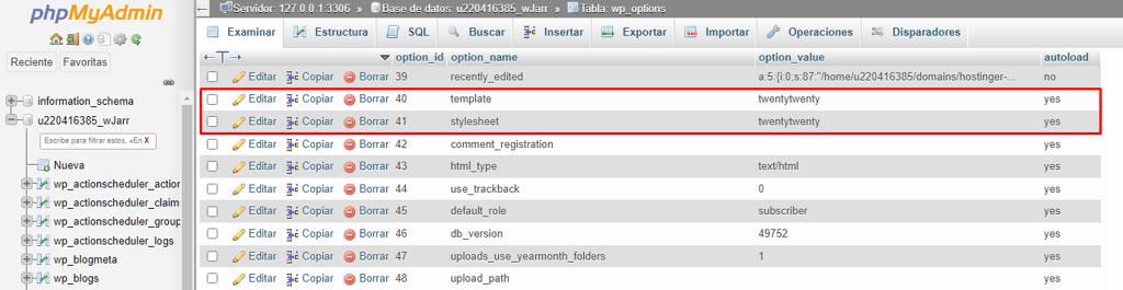 La tabla wp_options de la base de datos de WordPress. Las filas de hojas de estilo y plantillas están resaltadas
