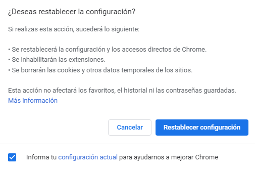 Restablecer configuraci&oacute;n en Chrome