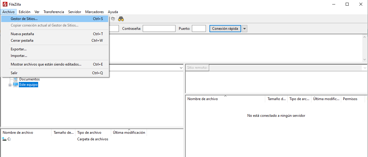 Gestor de sitios en FileZilla