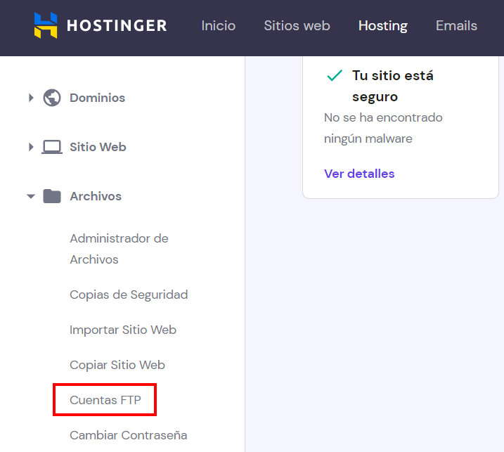 Opci&oacute;n de Cuentas FTP en el hPanel