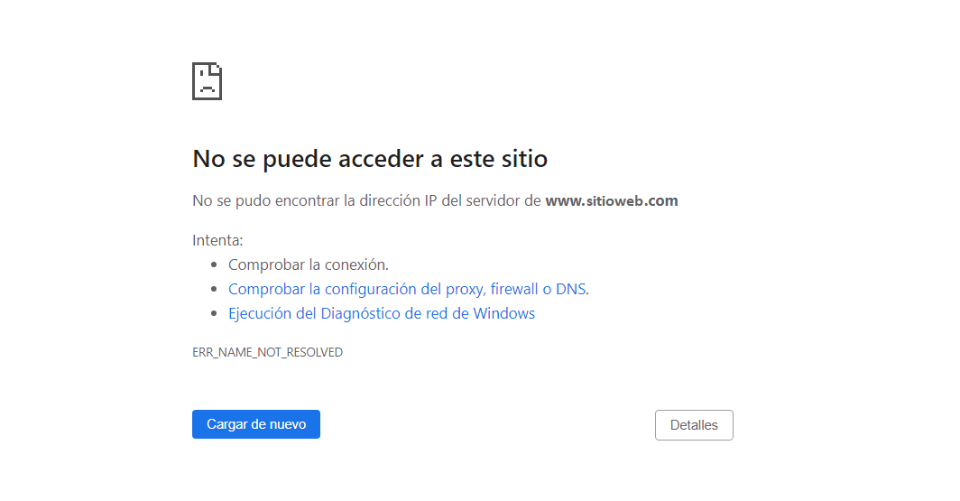 Ejemplo del error ERR_NAME_NOT_RESOLVED