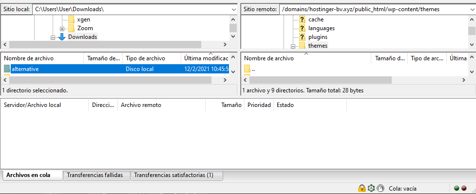 Tema alternative en sitio local en FileZilla