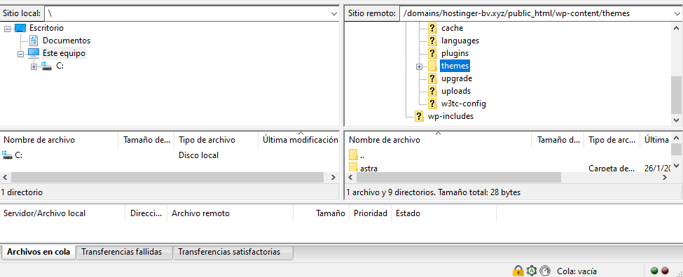 Carpeta themes en FileZilla