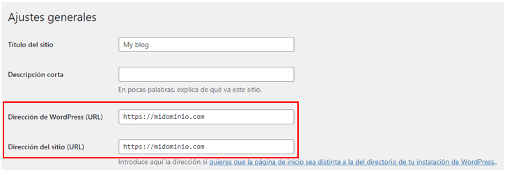 Validar la direccion de wordpress en ajustes generales