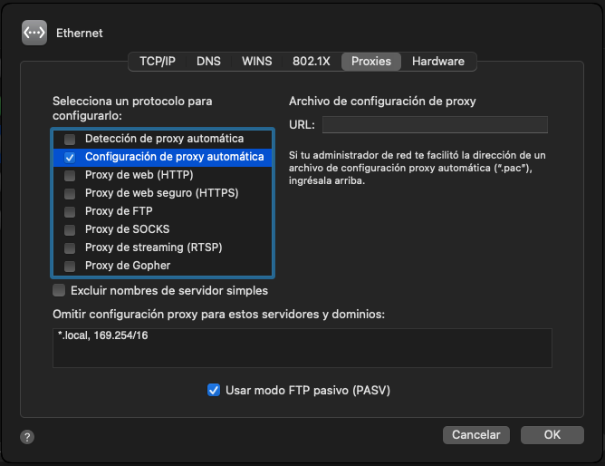 Configuraci&oacute;n de proxy autom&aacute;tica en Mac