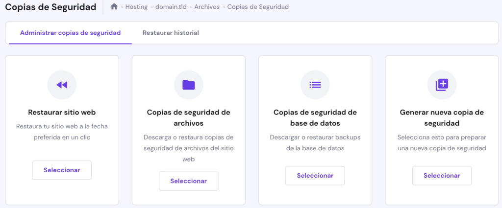 La página de Copias de Seguridad en hPanel