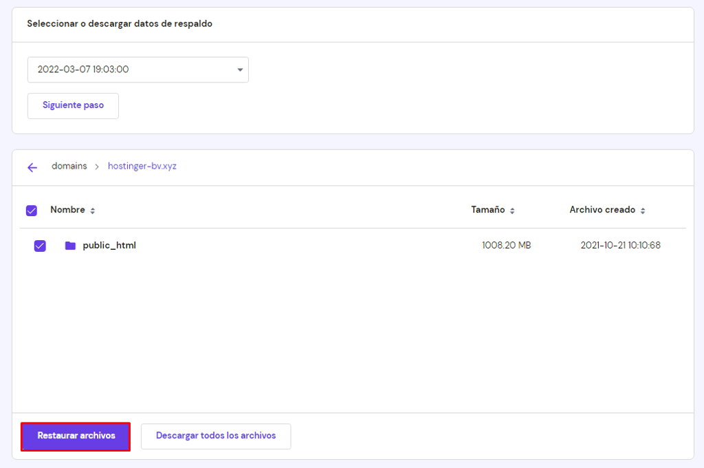 Restaurar archivos de la copia de seguridad desde hPanel