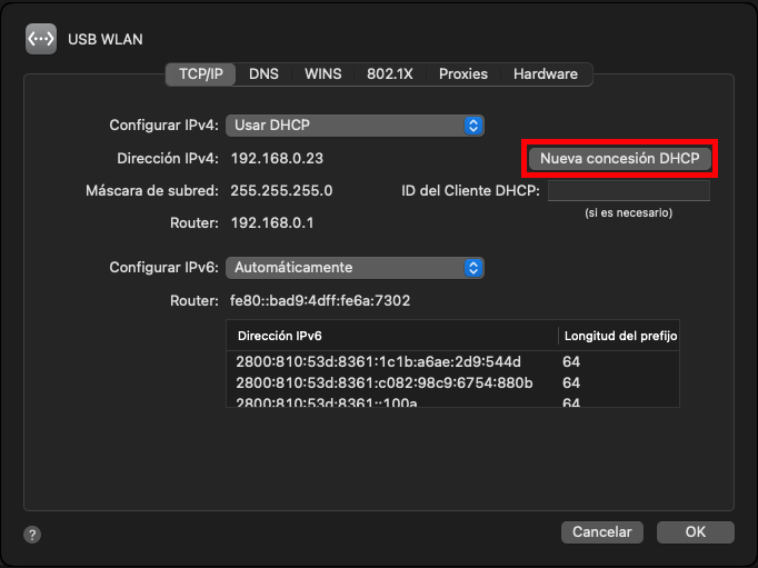 Nueva concesi&oacute;n de DHCP en Mac
