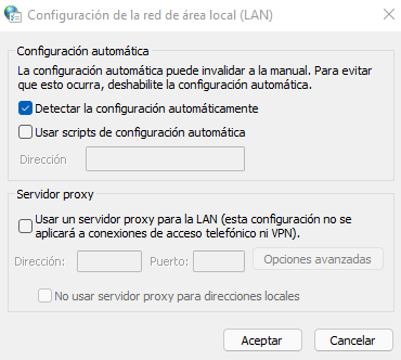Ventana de configuraci&oacute;n para desactivar proxy