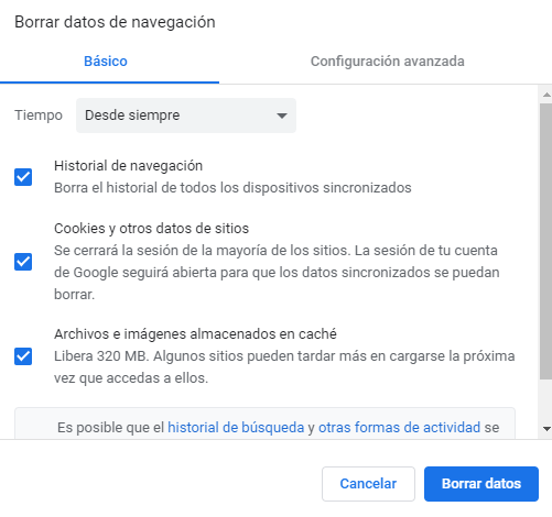 Ventana para borrar datos de navegaci&oacute;n