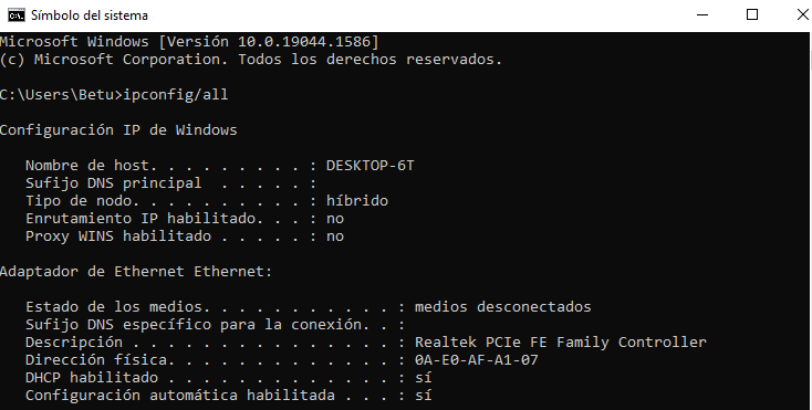 Información de la configuración IP en Windows