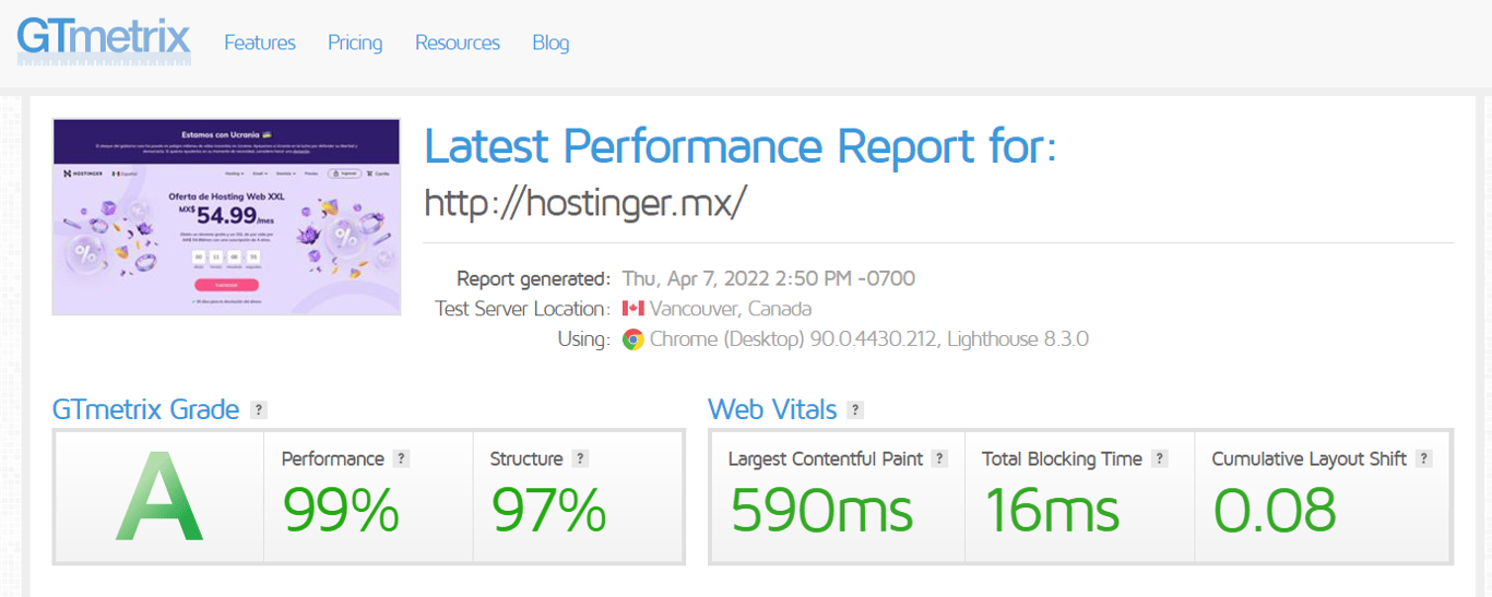 Ejemplo de análisis de GTMetrix