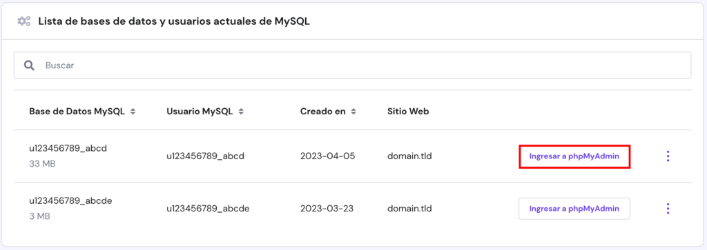 La página de gestión de Bases de Datos en hPanel. El botón para entrar en phpMyAdmin está resaltado